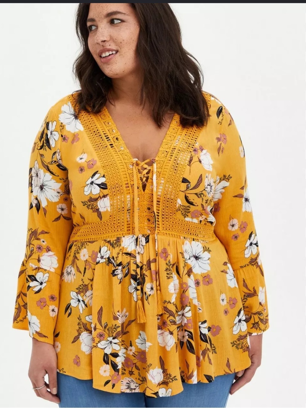 Torrid Mustard Yellow White Floral Lace V-Neck Boho Baby Doll Peasant Blouse